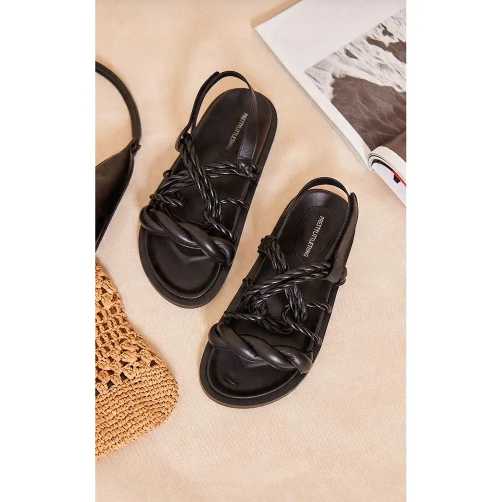 PrettyLittleThing 8 Blk Leather‎ Strappy Chunky Sandals Retro Grunge Y2K Beach
